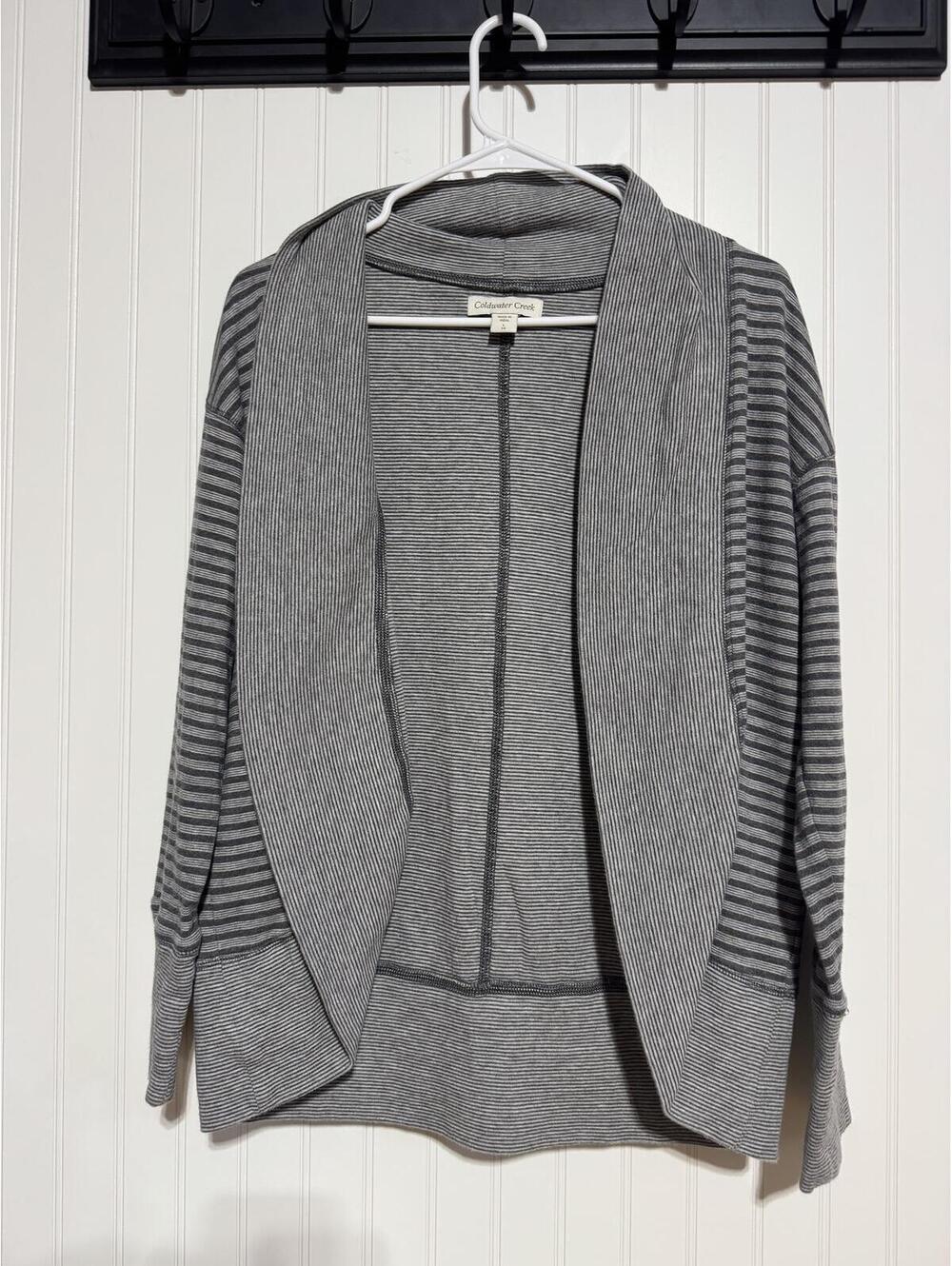 Coldwater Creek Striped Shawl Collar Open Front Cardigan Womens Large 14 Gray